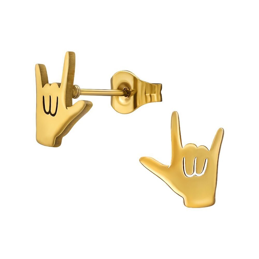 14K Gold Stainless Steel Rock Hand Sign Stud Earrings
